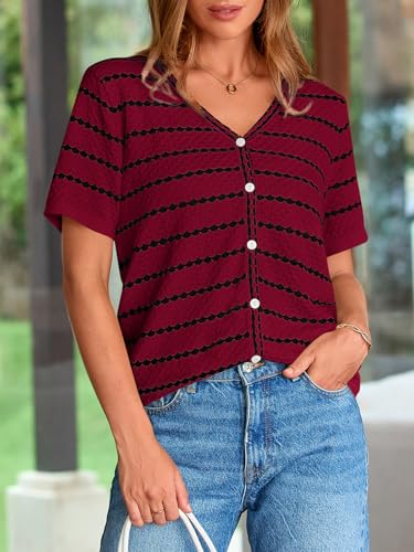 Image of NALANISA Women's Short Sleeve Sweater Spring Summer Crochet Knit Tops 2026 V Neck Striped Button Down Dressy Casual Blouses