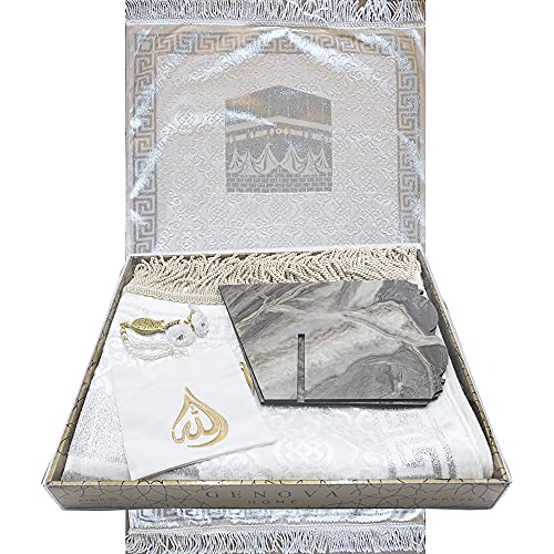 Modefa Luxury Islamic Prayer Mat Gift Box - Deluxe 4 Piece Set with Quran Stand & Prayer Beads Tesbih - Thin Velvet Turkish Praying Carpet for Men & Women - Ramadan & Eid Gift - Shimmery Kaba (Silver)