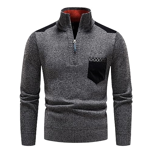 Mens Casual Cable Knit Pullover Half Zipper Fleece Lined Sweaters Stand Collar Long Sleeve Sweater Business Tops