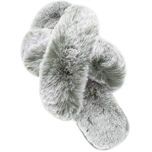 Womens Cross Band Slippers Cozy Furry Fuzzy House Slippers Open Toe Fluffy Indoor Shoes Outdoor Slip On Warm Breathable Anti-Skid Sole Tip Grey 7-8 M #TOP1