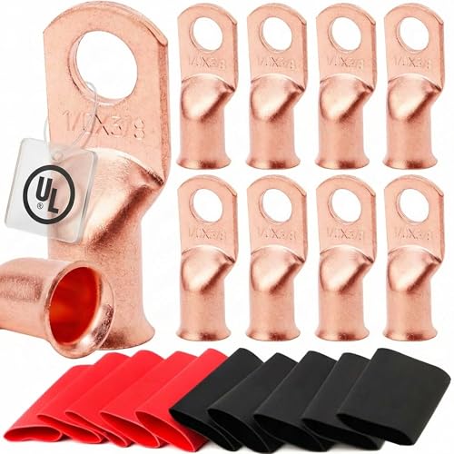 Image of 10pcs 1 /0 AWG-3 /8 inch Battery Lugs,Battery Cable Ends,Heavy Duty Copper Wire Lugs,Tubular Ring Terminals,AWG Crimp Wire Ring Lugs,Battery Terminal Connectors with 3:1 Heat Shrink Tubing