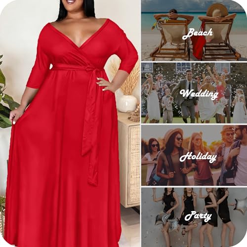 Image of Nmoder Plus Size Maxi Dress for Women - Summer Casual 3 /4 Sleeve Floral Flowy Long Dress with Belt XL- 6XL