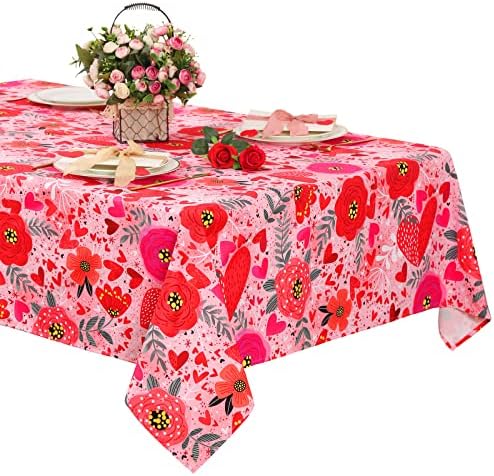 SoarDream Valentines Day Tablecloth 57x84 Inches Romantic Red Heart Tablecloths Floral Pattern Table Cove Fabric Love Themed Parties Table Decoration