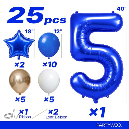 Image of PartyWoo Royal Blue Number 5 Balloon 40 Inch 25pcs Blue Star White Gold