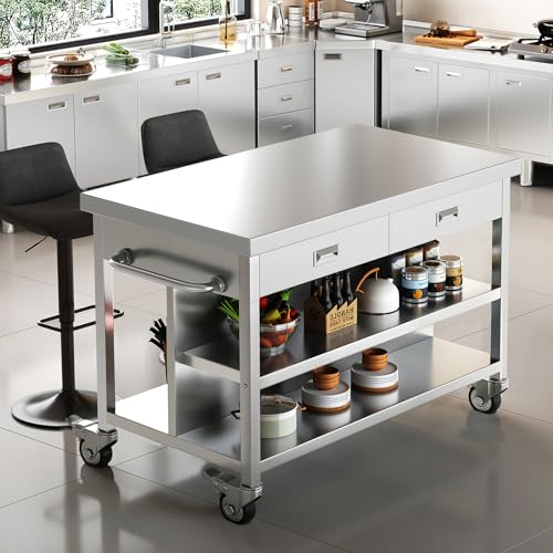 Stainless Steel Kitchen Island with Storage Rolling Kitchen Island Cart on Wheels with 2 Drawers Industrial Kitchen Cart Commercial Portable Island for Kitchen Bar Outdoor Patio 25 x 50 x 37 in