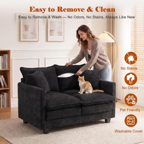Image of 50'' Loveseat Sofa Set, Small Couch Set 2 Piece Cloud Love Seat with 27 inch Deep Seat Washable Chenille Pillows Couches for Small Spaces Apartment Living Room, Black
