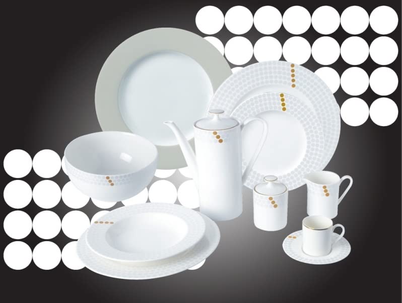 41 Pz - 12 Piani 28cm, 12 Fondi 23cm, 12 Frutta 22cm, 1 Piatto Portata 31cm, 1 Piatto Ovale 37.5cm, 1 Insalatiera 24cm, 1 Piatto per antipasti 21cm, 1 Zuppiera 2.8 L.