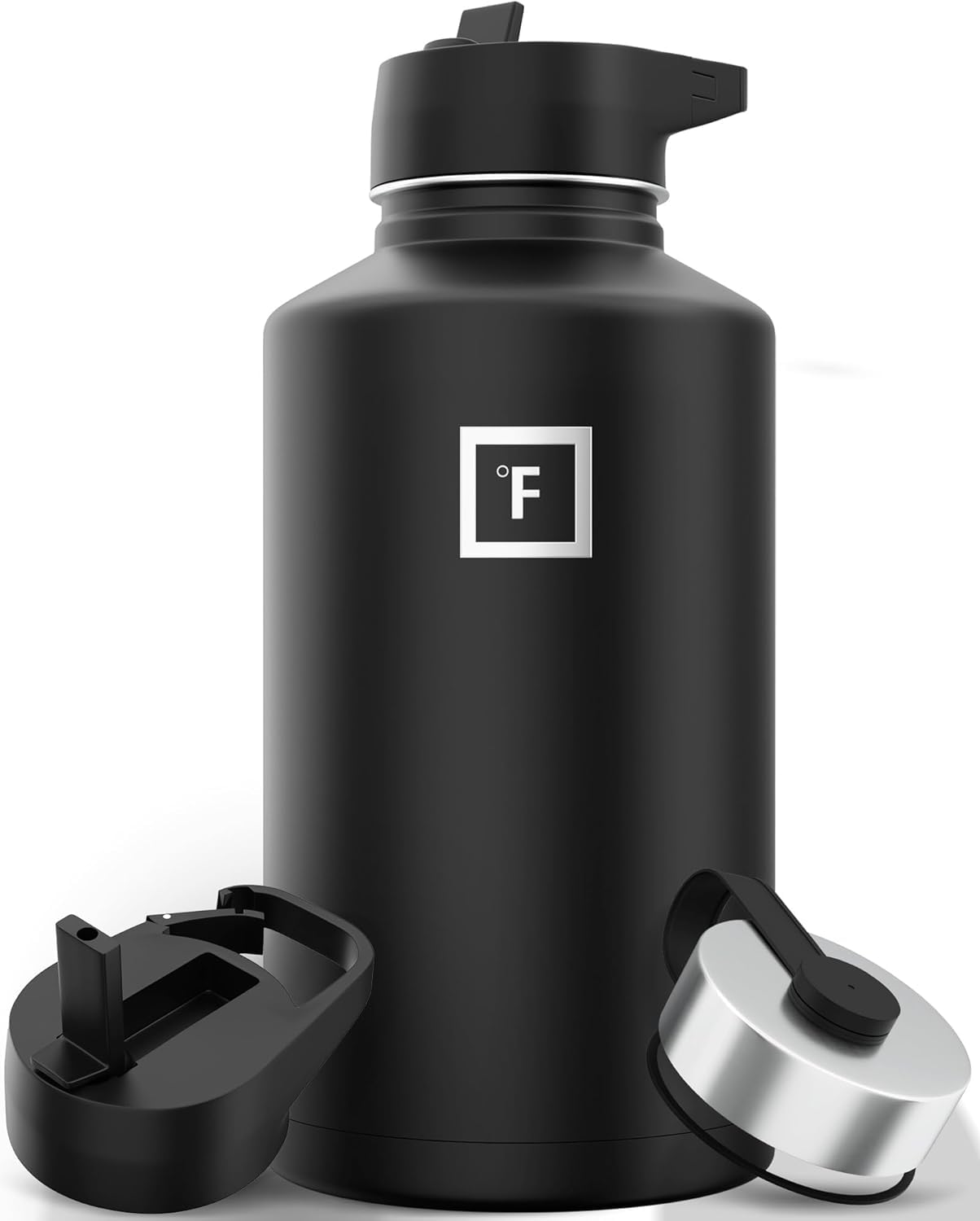 IRON °FLASK Sports Water Bottle - 64 Oz, 3 Lids (Straw Lid), Vacuum Insulated Stainless Steel, Hot Cold, Modern Double Walled, Simple Thermo Mug, Hydro Metal Canteen, Black