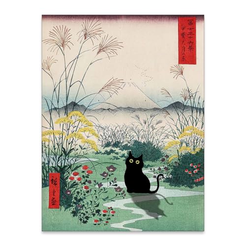 enttgo Japanese Canvas Wall Art Funny Black Cat Poster Modern Ukiyo-e Decor Picture for Home Bedroom Dorm Wall Decorations 16x20in Unframed