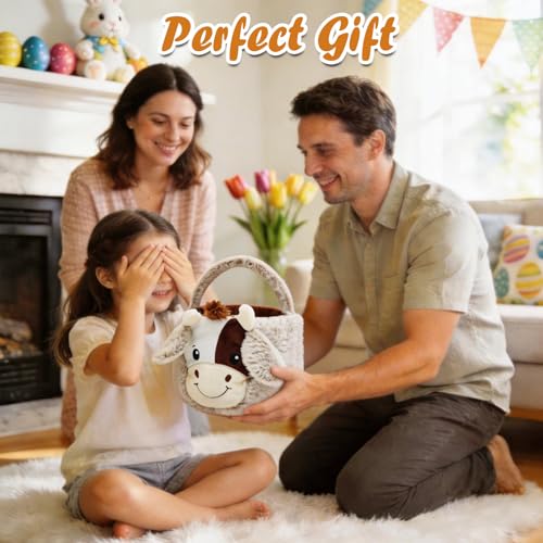 Image of Easter Basket, Cute Cow Plush Baskets, Easter Egg Hunt Buckets, Easter Decorations Indoor Outdoor, Cute Easter Gifts for Kids, Adults, Teens, Toddlers, Girls