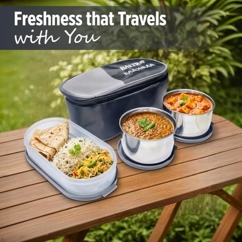 Image of BALTRA LUNA Set of 3Pcs Lunch Box with Insulated Fabric Bag For Daily Use | 2 x 220ml Stainless Steel Container, 1 x Oval Container | Lightweight Leakproof Airtight Tiffin Box Case For Office & Travel