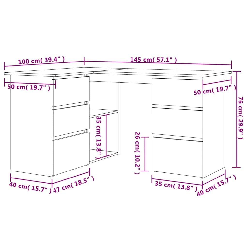 Scrivania angolare in legno di rovere Sonoma, 145 x 100 x 76 cm, con 4 cassetti e ripiani, per ufficio, studio, casa, organizzazione e postazione di lavoro