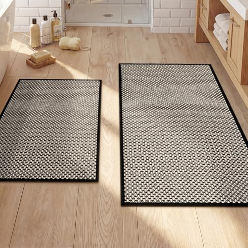 YIHOUSE Thin Bath Mat Black Bathroom Rugs Sets 2 Pieces Non Slip Absorbent Mats Quick Dry Woven Rugs Washable Tapetes para Bao for Bathroom Toliet Bathtub(17x24+17x32)