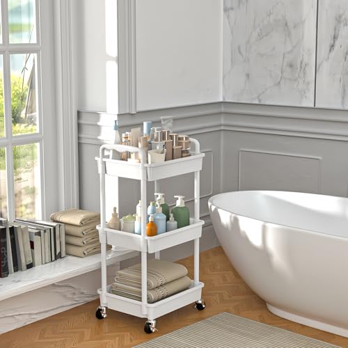 SUNALLY 3-Tier Rolling Cart with 2 Lockable Wheels, Multifunctional Storage Organizer for Bathroom, Kitchen, Office, Craft, Makeup, Baby Essentials, White — view 5