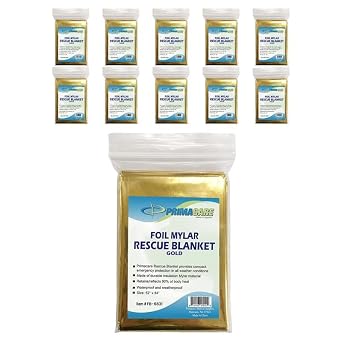 Primacare FB-6831 Emergency Mylar Thermal Blankets 10 Pack, 62" x 82", Gold Reflective, Waterproof, Retains 90% Body Heat for Survival, First Aid, Outdoors, Camping, EMS