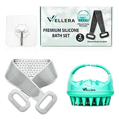 Silicone Body Scrubbers for use in Shower (35") 2021 Version with Scalp Exfoliator, back washer for shower, scrubby buddy back scrubber, long handled scrub brush for shower, back cleaner for shower