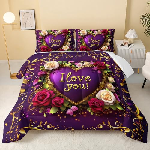 Image of QOOMO 3Pcs Flower Print Comforter Set Queen Size,Cute Plants Bedding Set for Teens Boys Girls,Purple Comforter with 2 Pillowcases,Soft and Lightweight