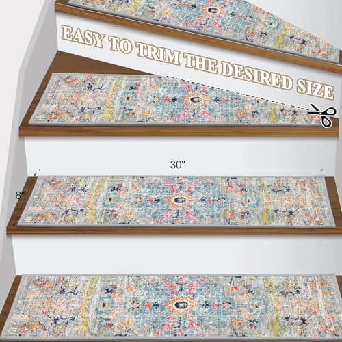 Pauwer Carpet Stair Treads for Wooden Steps Indoor 15 Pack 8\" X 30\" Peel and Stick Stair Treads Non Slip Staircase Step Treads Reusable Stair Runner Rugs for Dogs, Kids and Elders