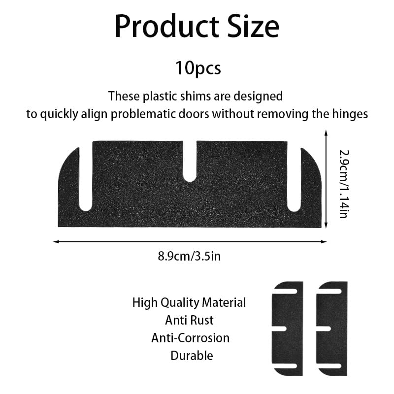 10 Pcs Door Hinge Shims for Hinge Repair Kit, Air Shim Door Shims 3.5 Inch Spacers for Door Alignment Fix Air Leakage Misalignment Sticking Doors Trimmable Black PC Material