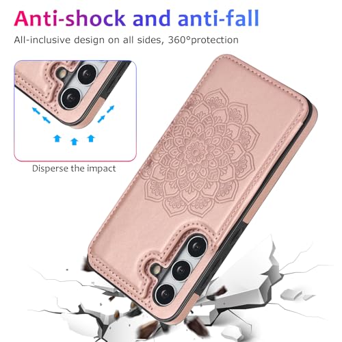 Étui en cuir or rose floral pour Samsung S25+ Plus aux finitions soignées