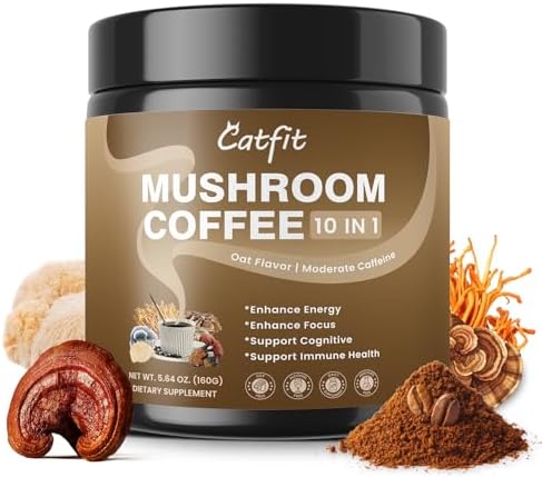 Mushroom Coffee,10 Adaptogenic Mushrooms With Oatmeal Powder MCT Oil, Hydrolyzed Collagen, Instant Coffee with Lion's Mane, Chaga, Cordyceps, L-Theanine for Energy, Focus, Digestion and Immunity, 160G