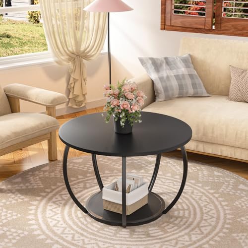 Image of GreenForest Round Coffee Table with 2-Tier Open Storage, 27.6 inch Small Circle Coffee Tables with Adjustable Feet, Modern Mini Center Table for Small Living Room, Black