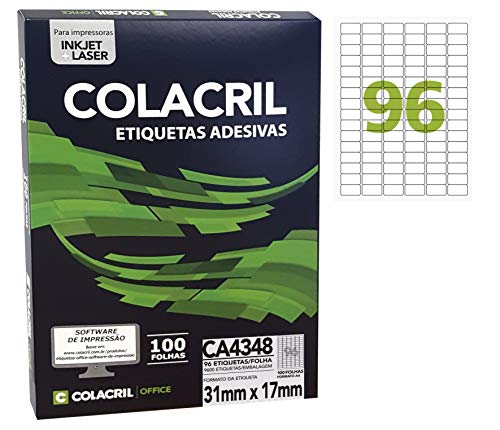 ColaCril Etiqueta Adesiva Ink-Jet/Laser A4, CA4348, Branco, 31.0 x 17.0 mm, envelope com 100 fls-960