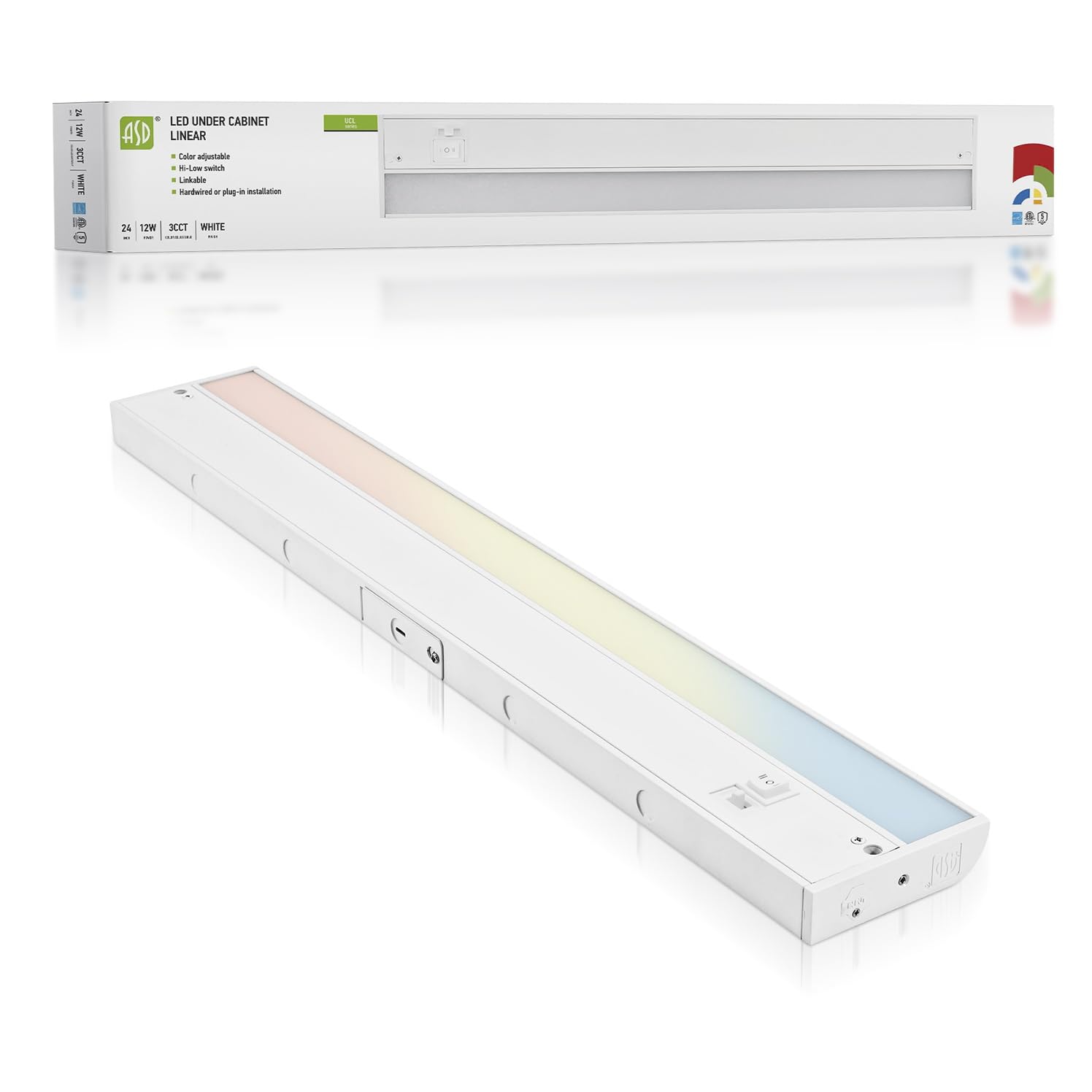 ASD LED Under Cabinet Lighting Plug in or Hardwired 24 Inch, Dimmable Under Cabinet Lights with High/Low/Off Switch, 3CCT 2700K-4000K, Linkable Under