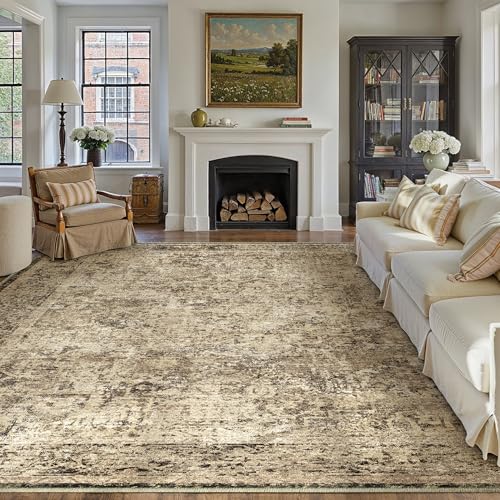 8x10 Area Rug Washable Vintage Neutral Living Room Carpet Large Indoor Non Slip Brown Bedroom Distressed Low Pile Retro Accent Throw Rug for Dining Room