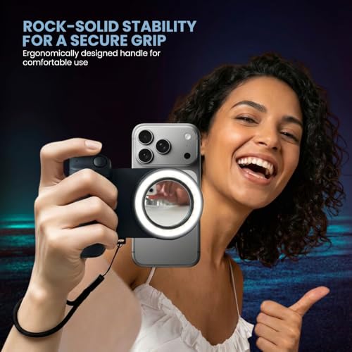 Image of Magnetic Selfie Light with Camera Grip Handle Rechargeable, Bluetooth Remote, Phone Holder, Compatible iPhone 17 /16 /15 /14 /13 /12 & Android