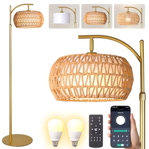DRAWNCAT Gold Boho Rattan Floor Lamp w/Remote Dimmable (2700K - 6000K) 2 - in - 1 Wicker & Fabric Shade Adjustable 165-172cm for Living Room & Bedroom