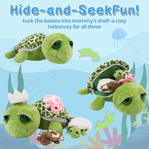 Image of Turtle Stuffed Animals with 3 Babies, 14 inch Sea Turtle Plush, Green