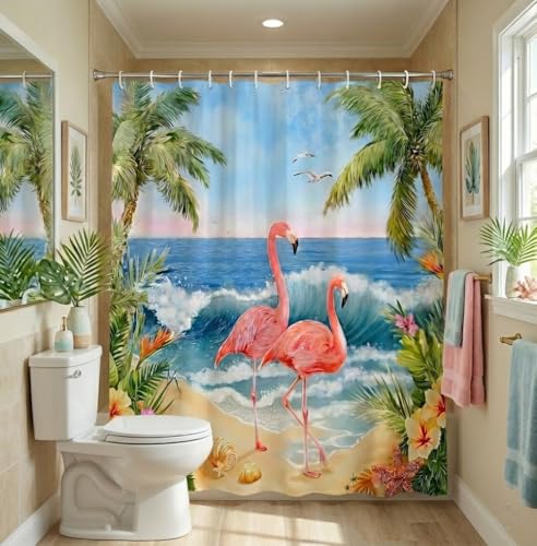 HWSSHW Pink Flamingo Shower Curtain for Bathroom Tropical Palm Tree Ocean Beach Summer Coastal Floral Fabric Bathroom Curtain Set with Hooks