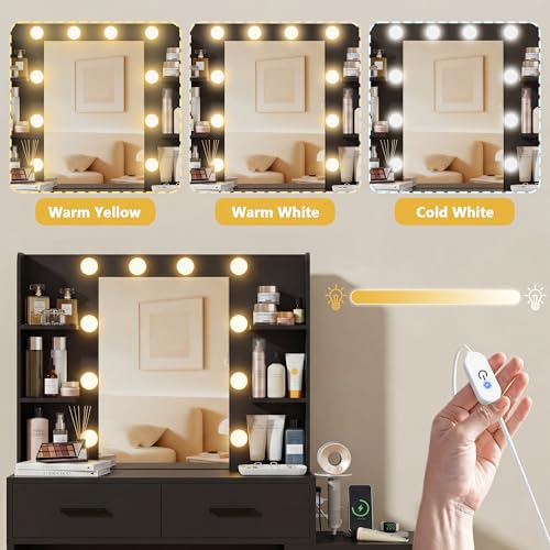 Image of Furmax Makeup Vanity Desk with Mirror and Power Outlet, Vanity with 3 Color Light Options Adjustable Brightness, Vanity Table with 5 Drawers, 6 Storage Shelves, Nightstands (Black)