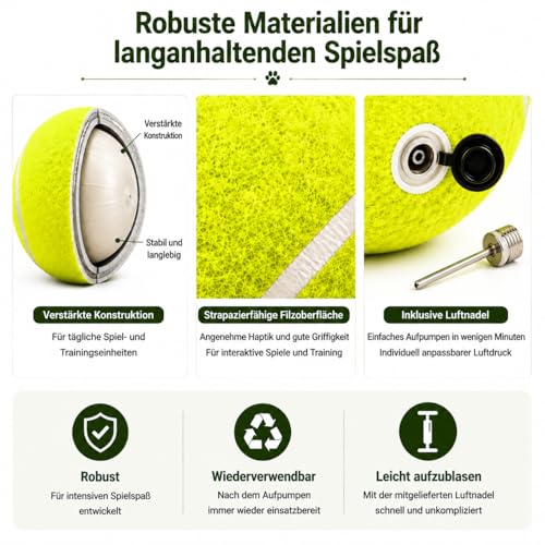 LUOEM Großer Tennisball 24 cm für mittelgroße und große Hunde – Aufblasbarer Spielball mit Luftnadel, Robustes Hundespielzeug für Garten, Strand und Training