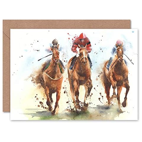 Wee Blue Coo Racing Horses Watercolour Greeting Card With Envelope Inside Premium Quality Cover