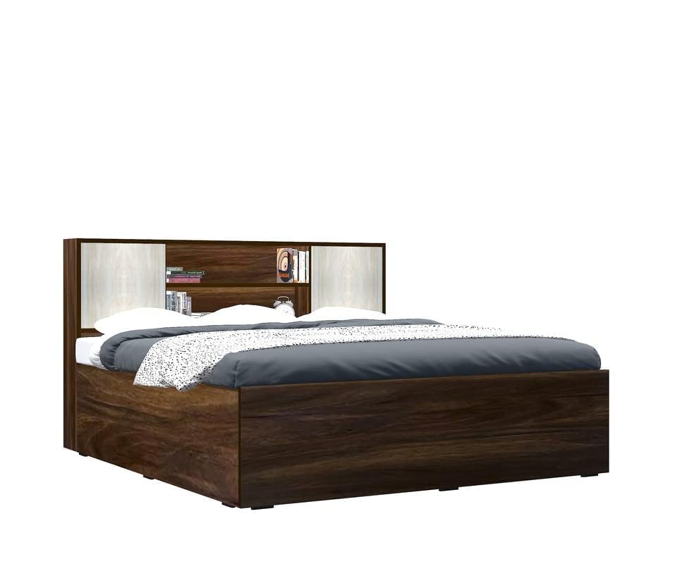 Image of Torque Henrich Engineered Wood King Size Bed with Drawer Storage & Back Storage - Brown | Wooden Palang Diwan Cot for Living Room Furniture | Double Bed for Sleeping