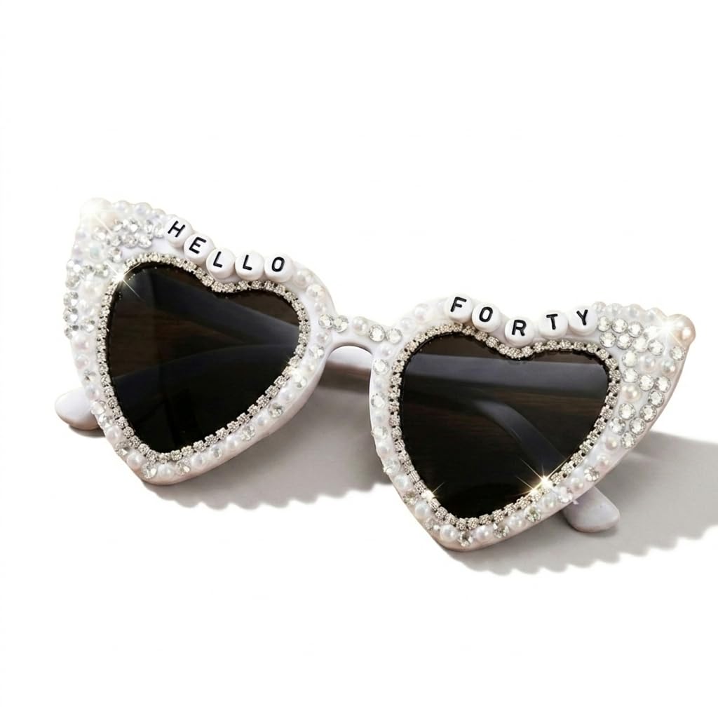 Autotide Hello Forty Birthday Glasses for Women, White Heart Sunglasses with Rhinestone Diamond, 40th Birthday Accessories Photo Props, 40th Birthday Gifts for Women Party Decorations