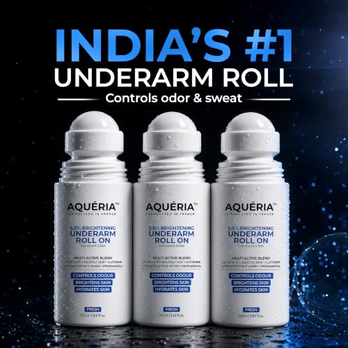 Image of Aqueria Underarm Brightening Roll-On for Men & Women | Lactic Acid, Fermented Rice Water & Glycerine | Helps Reduce Dark Underarms, Pigmentation & Uneven Skin Tone | Controls Body Odour | Fresh Fragrance | Pack of 3 (150ml)