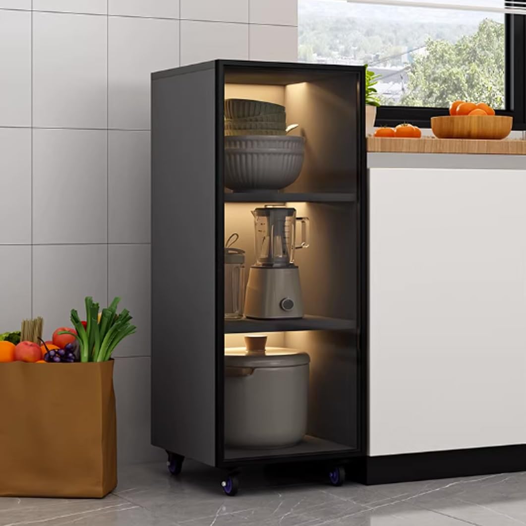 YVYKFZD Slim Storage Cart, Narrow Storage Cabinet, Rolling Utility Carts with Wheels and Tempered Glass Doors, Mobile Kitchen Cart, Bathroom Organizer, No Lighting(Gray+A,3 Tier 7.8"x11.8"x40.9")