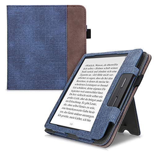 Flip Hülle kompatibel mit Tolino Vision 5 - Handschlaufe - Cover Jeansblau Dunkelbraun