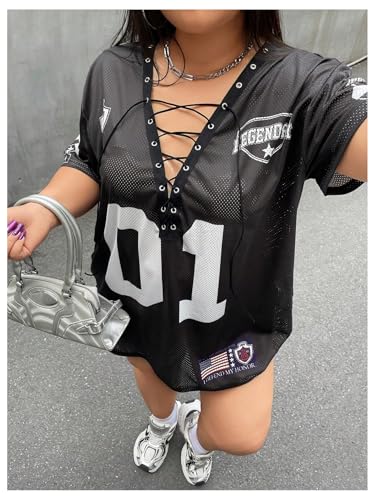 SOLY HUX Women's Plus Size Jersey Lace Up V Neck Short Sleeve T Shirts Number Graphic Tee Tops Streetwear4