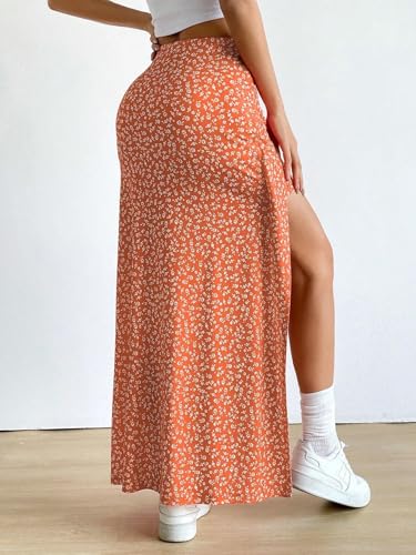 EARKOHA 2025 Skirts for Women Women's Ditsy Floral Full-Print Slit Skirt, Casual Holiday Wear Orange S2