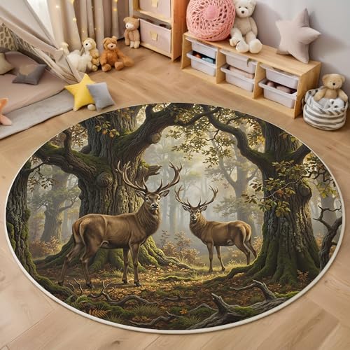 Tapis rond forêt d'automne élan de 200cm lavable en machine