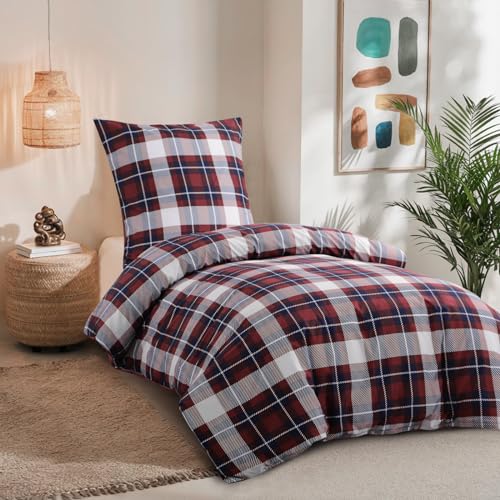 RUIKASI Bettwäsche 155x220 2 teilig Rot - Bettbezug 155 x 220 Set mit Tartan Muster… – Ansicht 2