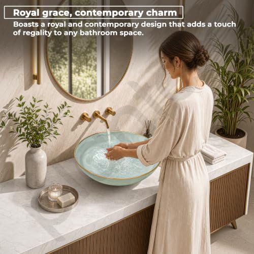 Image of Plantex Wash Basin /Ceramic Table Top Wash Basin /Designer Countertop Basin for Bathroom /Restaurants /Hotel (Mint green & Gold - 16.5 x 16.5 x 4 Inch)