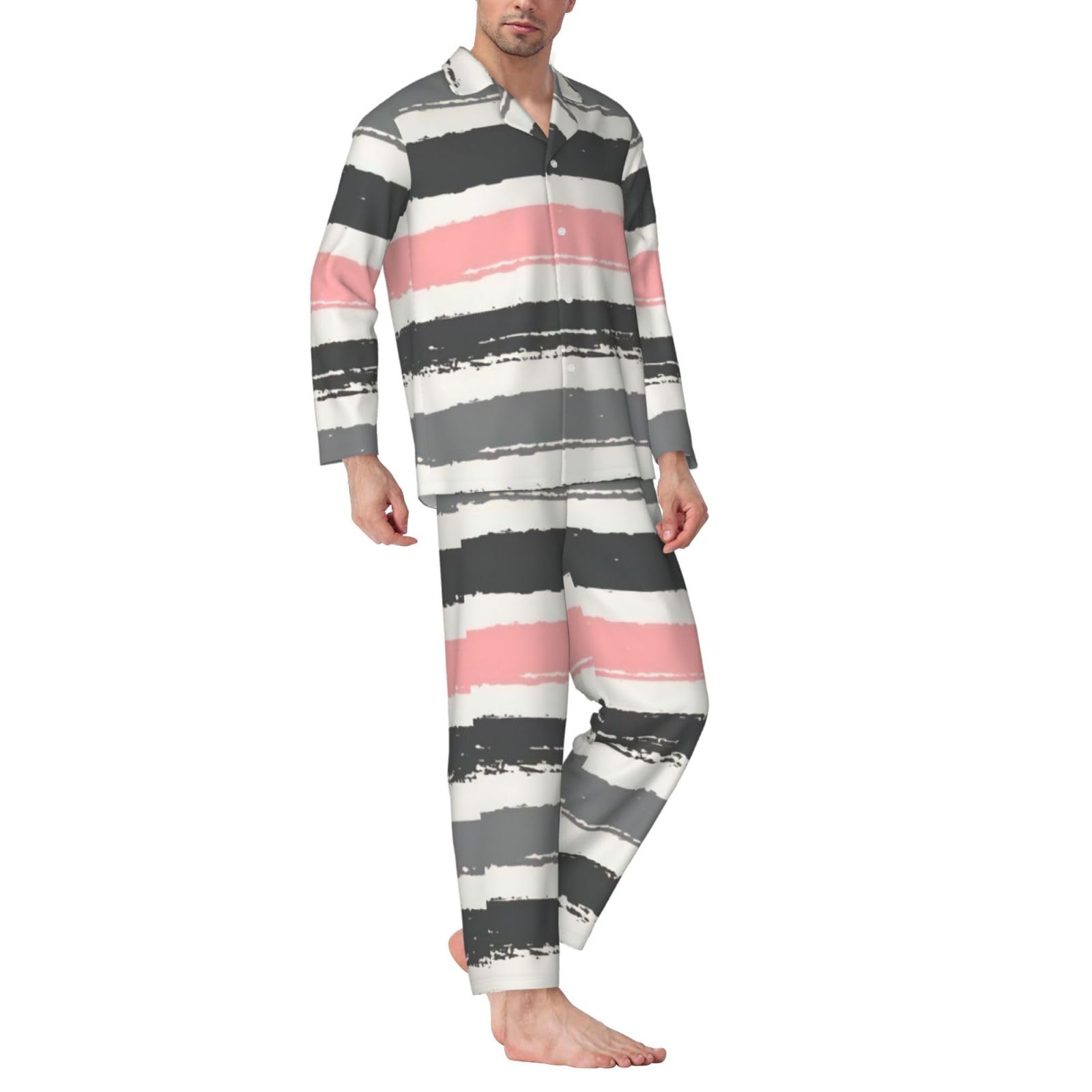 Rosa chiaro e grigio scuro strisce stampa uomo manica lunga pigiama set pigiameria due pezzi casa viaggio vestito pantaloni lounge