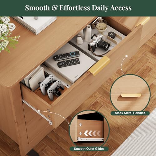 Image of 59 inch Wide Wood TV Stand with 6 Drawers & Metal Handles, Modern Media Console Storage Cabinet for Living Room, Bedroom, Entryway & Home Office, Wood
