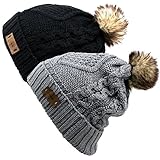 Women's Faux Fur Pom Pom Fleece Lined Knitted Slouchy Beanie Hat (Black/Gray) Set