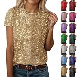 Camiseta de manga corta para mujer, con lentejuelas, para carnaval, fiesta, Nochevieja, discoteca, color dorado, rojo y morado, colorido, brillante, blusa, disfraz solemne, dorado, XXL
